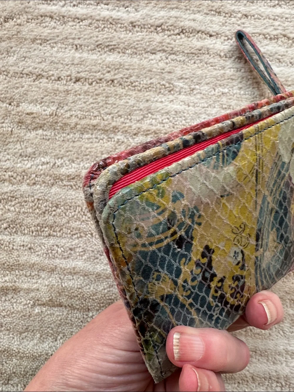 Hobo International Leather Wristlet Wallet Snakeskin Embossed Floral Multicolor